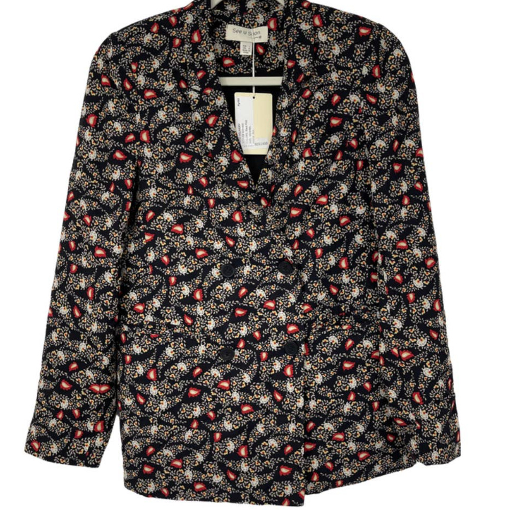 SEE U SOON PINNATE LEAF & FLORAL DESIGN BLACK, RED, WHITE, TAN BLAZER SIZE SMALL
